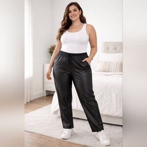 Nicole Miller New York 1X Pull On Faux Leather Pants Black Elastic Waist EU 46